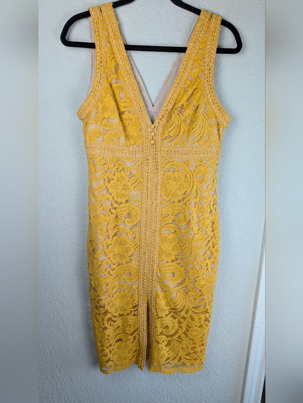 GUILD Midi Column Dress L Yellow Lace over Nude Lining Sleeveless Cotton Blend